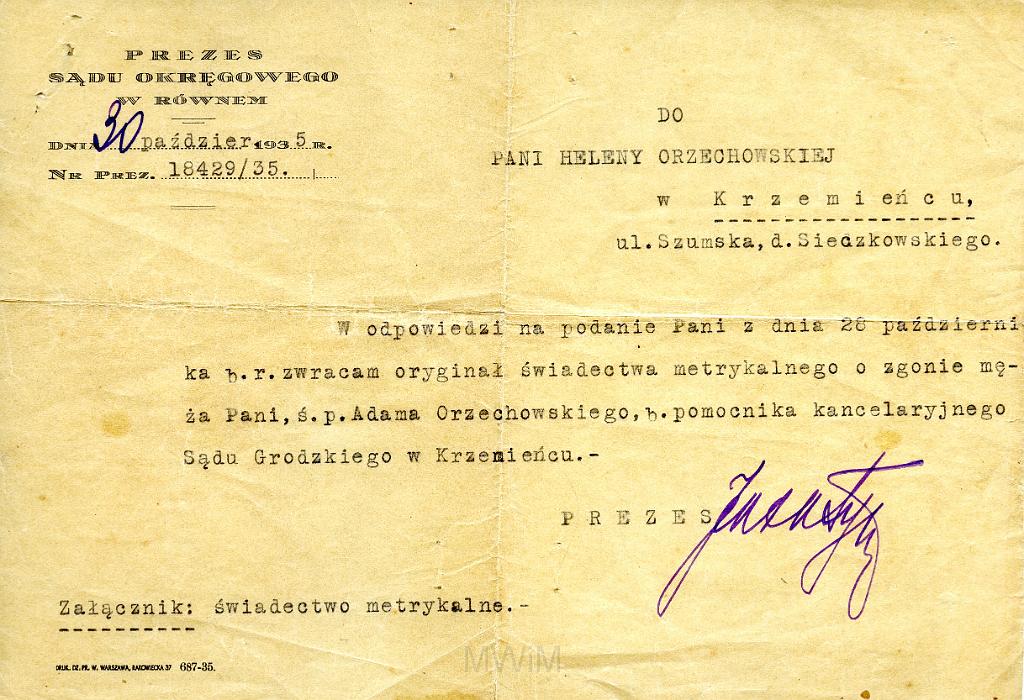 KKE 127.jpg - Zwrot aktu zgonu Adama Orzechowskiego, Równe, 30.X.1935 r.